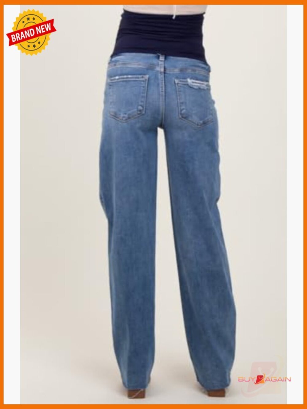 Vintage Wash Raw Hem Wide Leg Maternity Jeans Mid Rise Loose Fit Stretch Cotton - Picture 4 of 4